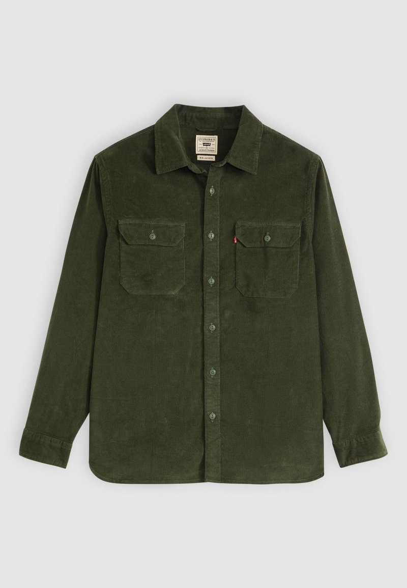 Dark green corduroy shirt with long sleeves, button front, two chest pockets, and a relaxed fit. Features textured fabric and smooth collar.