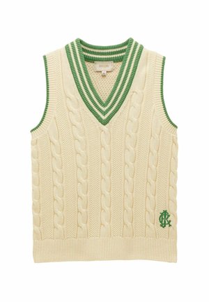 Cremefarbene ärmellose Strickweste mit Zopfmuster, grün-weiß gestreiftem V-Ausschnitt und grün besticktem Logo unten rechts.