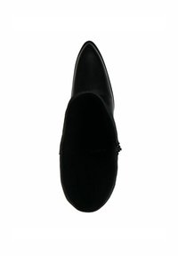 Pointed-toe ankle boot in smooth black leather, featuring a zip closure on the side, with a textured interior and sleek silhouette.
