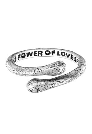 Silver snake ring featuring a coiled design with a textured surface. Engraved inside with "THE POWER OF LOVE."