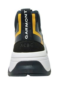 Sneaker with a high collar, navy upper, yellow accents, and a white midsole. Features textured materials and branding on the heel.