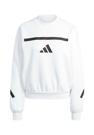 Sudadera blanca con franja horizontal negra y tres franjas diagonales negras. Cuenta con puños de canalé y un diseño de cuello redondo.