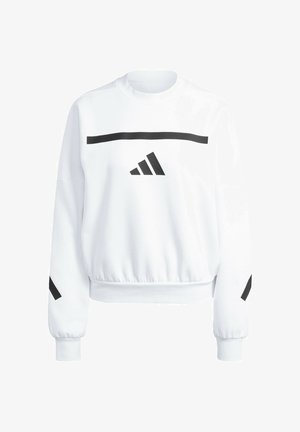 Sudadera blanca con franja horizontal negra y tres franjas diagonales negras. Cuenta con puños de canalé y un diseño de cuello redondo.