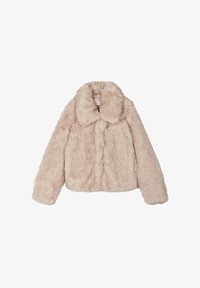 Chaqueta de pelo sintético en beige, con un gran collar, mangas largas y un diseño corto, hecha de un tejido suave y texturizado.