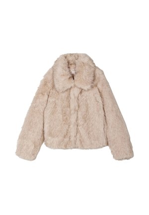 Beige Kunstfelljacke mit großem Kragen, langen Ärmeln und cropped Design aus weich-texturiertem Stoff.