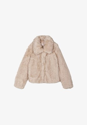 Faux fur jacket in beige, featuring a large collar, long sleeves, and a cropped design with soft, textured fabric.