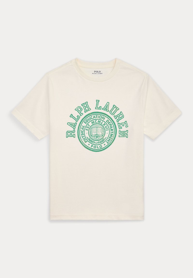 Kraft t-skjorte i elfenben med rund hals, korte ermer, med et grønt trykt logodesign som inkluderer tekst og et emblem.