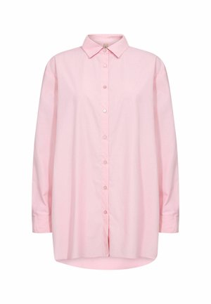 Lichtroze katoenen overhemd met lange mouwen, voorzien van een puntkraag, knoopsluiting en een afgeronde zoom. Glad oppervlak.