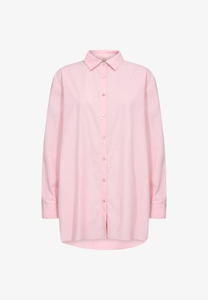 Lichtroze katoenen overhemd met lange mouwen, voorzien van een puntkraag, knoopsluiting en een afgeronde zoom. Glad oppervlak.