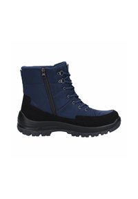 Botas azules de media pantorrilla hechas de material sintético liso con una suela de goma negra, con cordones en la parte frontal y cremallera lateral para un fácil acceso.