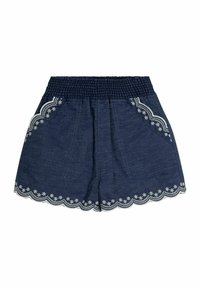 Denim short met een smock tailleband, gegolfde zoom en witte bloemenborduursels langs de zakken en de onderrand.