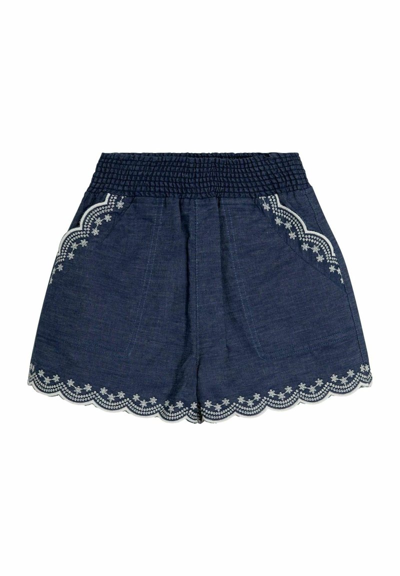 Denim short met een smock tailleband, gegolfde zoom en witte bloemenborduursels langs de zakken en de onderrand.