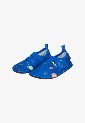 Blue fabric shoes featuring a space theme with planets, stars, and rockets. Slip-on design with a smooth interior and rubber soles.