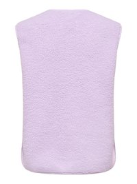 Chaleco sin mangas morado con un material de forro polar texturizado y suave. La parte trasera presenta una forma lisa y continua sin cierres visibles.