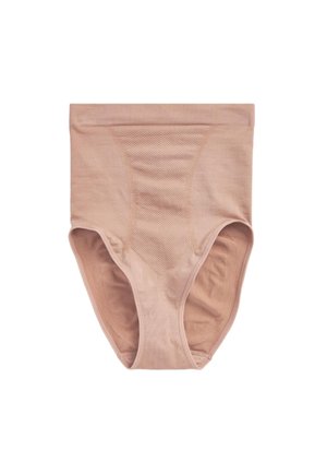 Bezové, bezšvové tvarujúce nohavičky s vysokým pásom a textúrovaným predným panelom pre kontrolu brucha a úplným zakrytím na bielom pozadí.