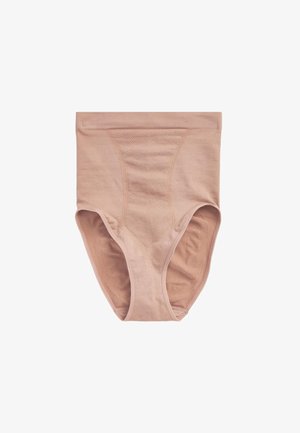 Magas derekú, bézs színű varrás nélküli alakformáló női alsó, texturált elülső panellel a hasformáláshoz és teljes fedést biztosítva, fehér háttéren.