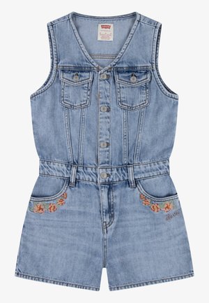 Denim romper i lyseblå, uten ermer med v-hals. Har to brystlommer og blomsterbroderi på venstre hofte. Knappestolpe foran.
