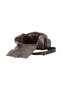 Borsa in pelle marrone con chiusura a zip, dotata di una fodera in tessuto a quadretti e una tracolla regolabile. Include una tasca esterna con pattina.