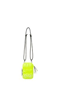 Neon yellow crossbody bag with a quilted texture, black adjustable straps, and a zippered pocket. Features white "SENSES" text logo on front.