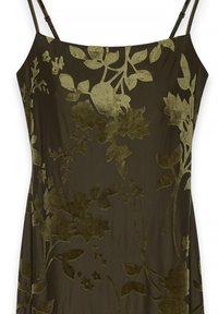 Olive green dress made of soft velvet, featuring a floral pattern and adjustable spaghetti straps. Smooth texture with subtle sheen.