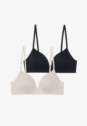 Kaks rinnahoidjat: üks beež ja teine must. Mõlemal on õhukesed rihmad, sile kangas ja kolmnurksed kausid, mis on loodud mugavuseks ja toeks.