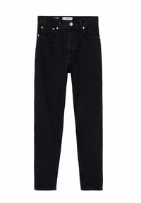Pantalones vaqueros negros de denim con un diseño de cintura alta, ajuste recto, dos bolsillos delanteros y una cremallera con cierre de botón de metal.