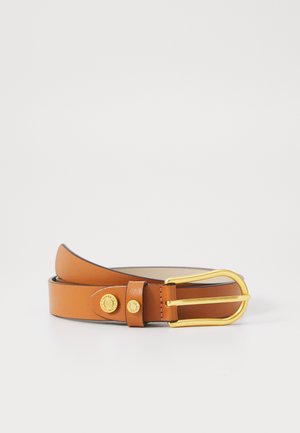 Tan leather belt with a gold metal buckle. Features a smooth texture and a decorative button accent near the buckle. Classic design.