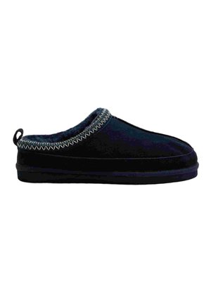 Schwarzer Slipper zum Hineinschlüpfen mit weichem Plüschfutter und Zickzacknahtverzierung entlang der Öffnung, gestaltet für Komfort im Innenbereich.