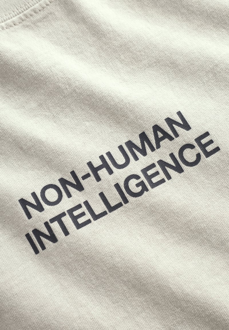 Tissu en coton beige avec un texte noir audacieux qui indique "INTELLIGENCE NON-HUMAINE". La texture est lisse et uniforme.