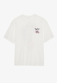 White cotton t-shirt featuring short sleeves and a round neck, with embroidered floral design in pink and black on the left chest.