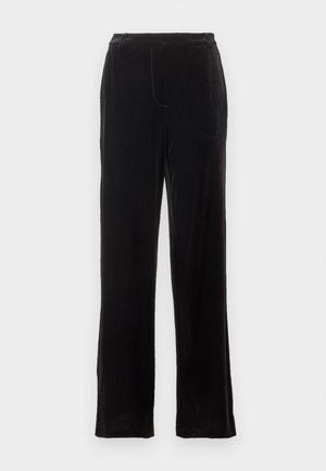Schwarze Samthose mit geradem Bein, die eine glatte Textur, subtile Nähte und einen klassischen Bund aufweisen.