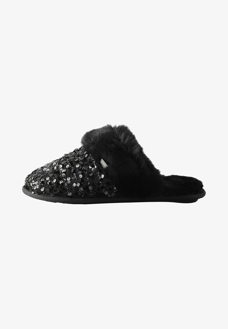 Chaussons noirs en fourrure avec un dessus recouvert de sequins, une doublure douce, un design à dos ouvert et une semelle en caoutchouc plate pour un usage intérieur.