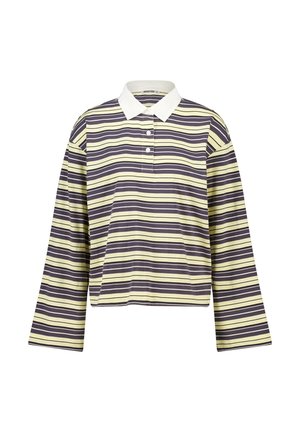 Langaarm rugbyshirt met horizontale gele en donkergrijze strepen, witte kraag en twee witte knopen op de sluiting.