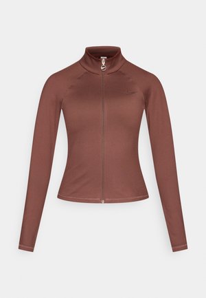 Brown athletic jacket with a high collar, long sleeves, and a front zipper. Features a subtle logo on the chest and smooth, stretchy fabric.