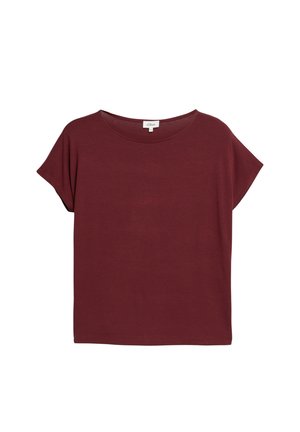 T-shirt bordeaux à manches courtes, col rond, coupe décontractée et petite étiquette blanche de la marque à l'intérieur du col.