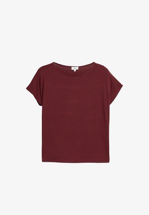T-shirt bordeaux à manches courtes, col rond, coupe décontractée et petite étiquette blanche de la marque à l'intérieur du col.