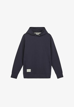 Navy blue hooded sweatshirt in soft material, featuring a front pocket and a small label at the hem; smooth texture, relaxed fit.