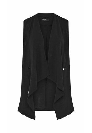 Schwarze ärmellose Weste mit offenem Vorderteil, asymmetrischem drapiertem Saum und subtiler Textur, entworfen zum Übereinandertragen.