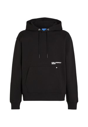 Čierna mikina s kapucňou, predným vreckom, s kruhmi na kapucni a malým bielym logom "Karl Lagerfeld Jeans" na pravej strane prednej časti.