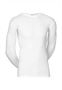 Long-sleeve white shirt made of a smooth cotton blend. Crew neckline, fitted shape, and seamless design. No visible logos or patterns.