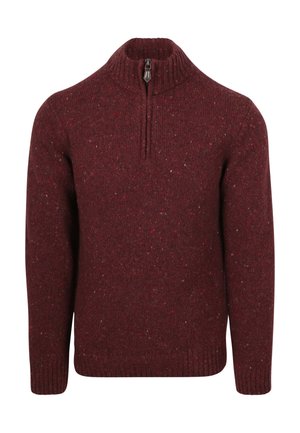 Weinroter Strickpullover mit hohem Reißverschluss am Kragen, strukturierter Oberfläche und gesprenkelten Details in Rot- und Grautönen. Gerippte Bündchen an Ärmeln und Saum.