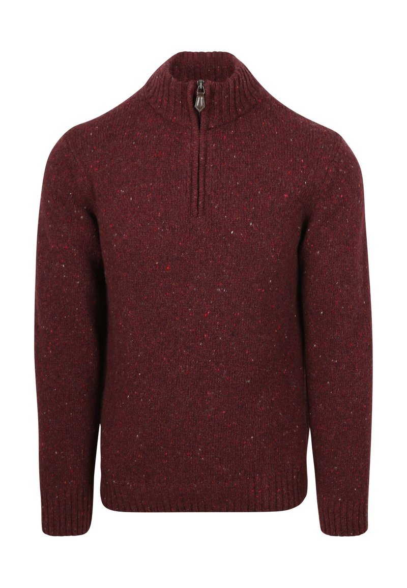 Bourgondische gebreide trui met een hoge ritssluiting, een gestructureerd oppervlak en gespikkelde details in rood- en grijstinten. Geribbelde manchetten en zoom.