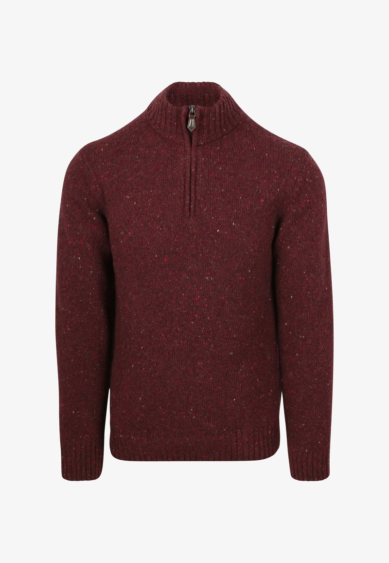 Bourgondische gebreide trui met een hoge ritssluiting, een gestructureerd oppervlak en gespikkelde details in rood- en grijstinten. Geribbelde manchetten en zoom.