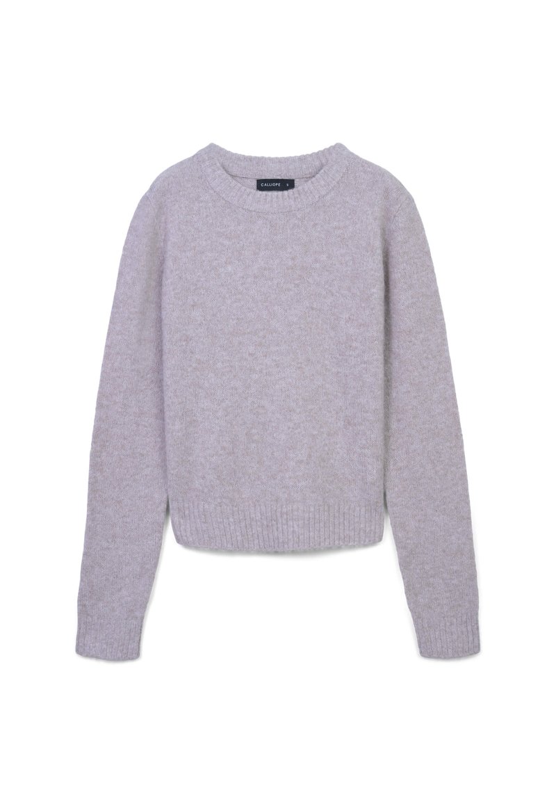 Maglione a maniche lunghe grigio chiaro lavorato a maglia con polsini e orlo a coste, colletto rotondo, disposto su uno sfondo bianco.