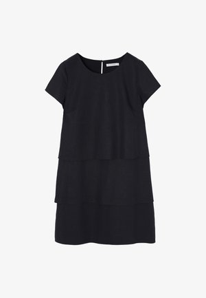 Črna plastnata obleka s kratkimi rokavi, okroglim izrezom in zasnovo z odprtino na hrbtu. Narejena iz teksturirane tkanine.