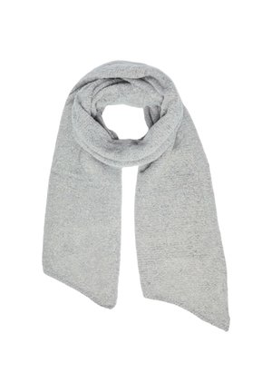 Écharpe tricotée en gris clair doux, pliée en boucle avec deux longues extrémités larges, sur fond blanc.