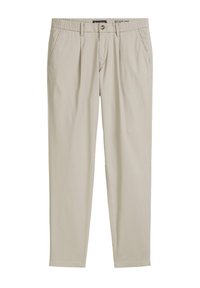Beige katoenen broeken met een ontspannen pasvorm, elastische tailleband, geplooide voorkant, zijzakken en taps toelopende pijpen. Vlakke voorkant ontwerp.
