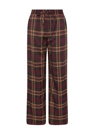 Pantalons évasés à carreaux avec taille à cordon en couleurs bordeaux, vert et beige, présentant une texture douce et un motif de grille prononcé.