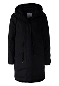 Zwarte gewatteerde parka met rits- en drukknoopsluitingen, voorzien van twee voorzakken en verstelbare trekkoorden in de taille en onderkant. Glad, geïsoleerd materiaal.