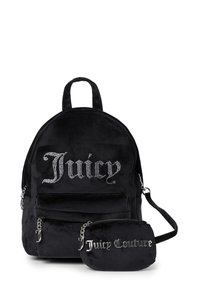Črna žametna nahrbtnik s kristalno okrasjem "Juicy" logotipa, zadrgo sprednjega žepa in odstranljivo torbico z napisem "Juicy Couture".